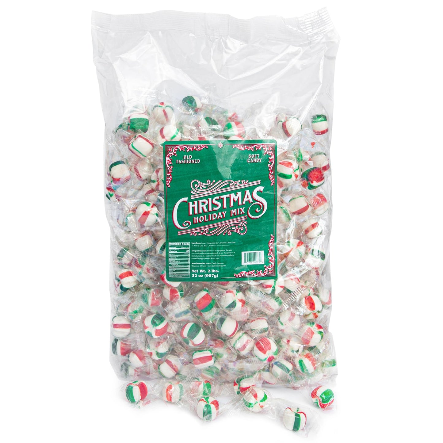 Stewart - Red & Green Striped Soft Peppermint Puffs, Festive Peppermint Candy | Not Just for Christmas | Individually Wrapped Candy Bulk Pack [2lb Bag] - Perfect for Bowls - Made in USA