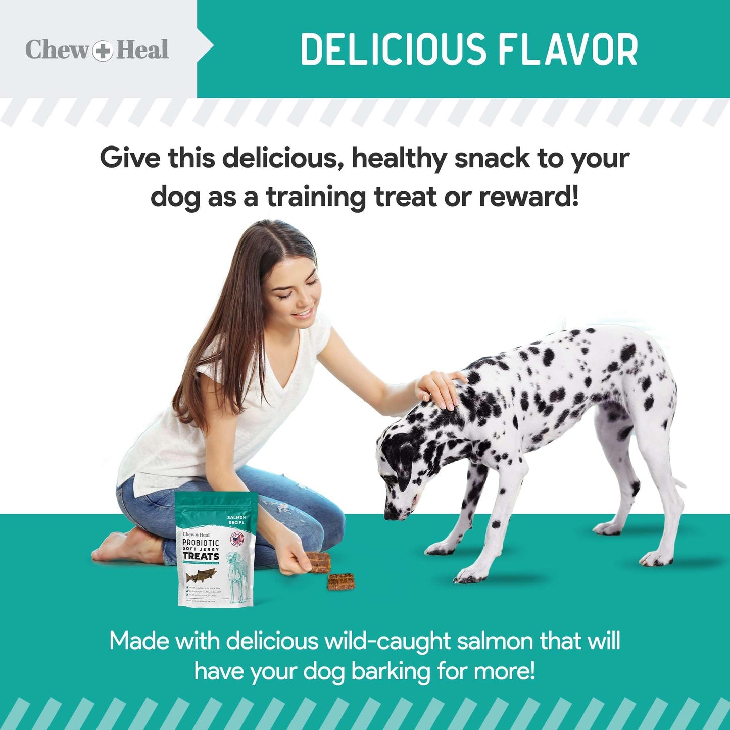 Chew + Heal Labs Probiotic Salmon Jerky Dog Treats - Wild Caught Alaskan Salmon Jerky for Digestive Health with Apples, Pumpkin, Pea Protein, and More - Made in The USA