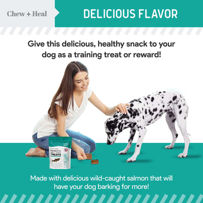 Chew + Heal Labs Probiotic Salmon Jerky Dog Treats - Wild Caught Alaskan Salmon Jerky for Digestive Health with Apples, Pumpkin, Pea Protein, and More - Made in The USA