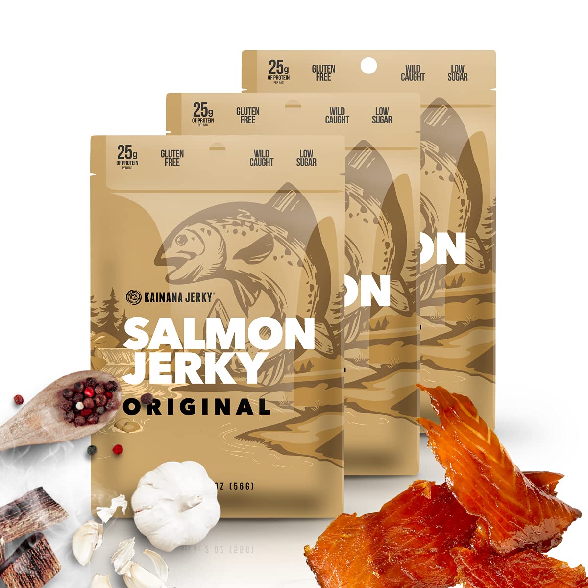 Kaimana Jerky Wild Caught Salmon Jerky - Organic Gourmet Smoked Dried Fish Strips Rich in Omega-3 & Protein - Low-Calorie Seafood Snack with No Gluten, Less Sodium & Sugar - Original Flavor - 3/2oz Pack