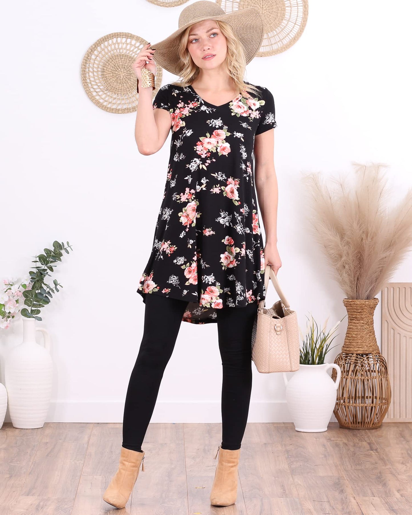 Popana Womens Short Sleeve Summer Tunic Tops to Wear with Leggings Loose Fit Made in USA Floral