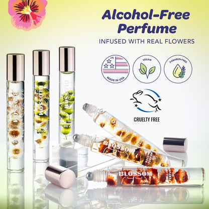 Blossom Roll on Perfume for Women Alcohol Free Gourmand Rollerball Perfume Oil with Essential Oils, Infused with Real Flowers, Made in USA, 0.20oz, (Matcha, Green Tea, Honey) Matcha Tea