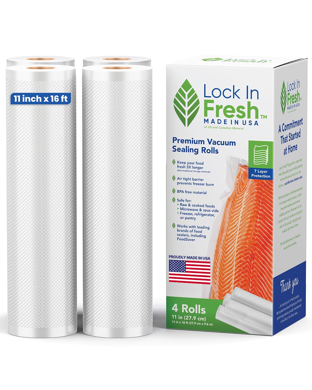 Lock In Fresh Vacuum Sealer Bags for Food - Heavy Duty Food Saver Vacuum Sealer Bag Rolls - Sous Vide, Seal a Meal Bags, 4-pack, 11" x 16' - Made in the USA