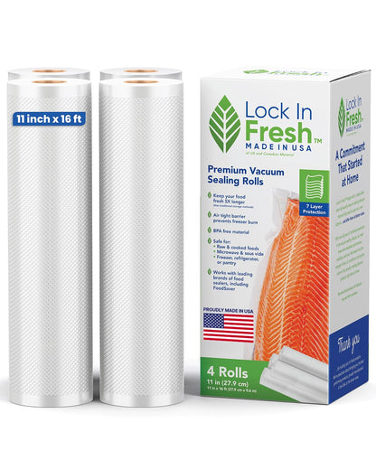 Lock In Fresh Vacuum Sealer Bags for Food - Heavy Duty Food Saver Vacuum Sealer Bag Rolls - Sous Vide, Seal a Meal Bags, 4-pack, 11" x 16' - Made in the USA