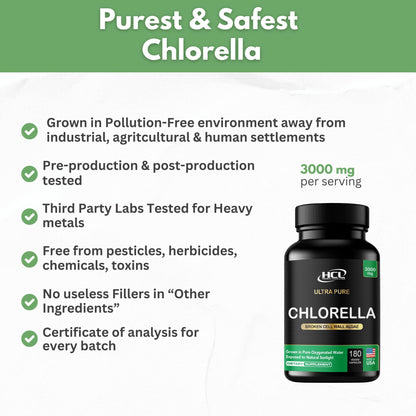 Chlorella Capsules 3000 mg - Cracked Cell Wall Blue Green Algae Supplement - Best Natural Detox Cleanse - Plant Vitamins Minerals Chlorophyll Vegan Protein Powder Pills - Made in USA
