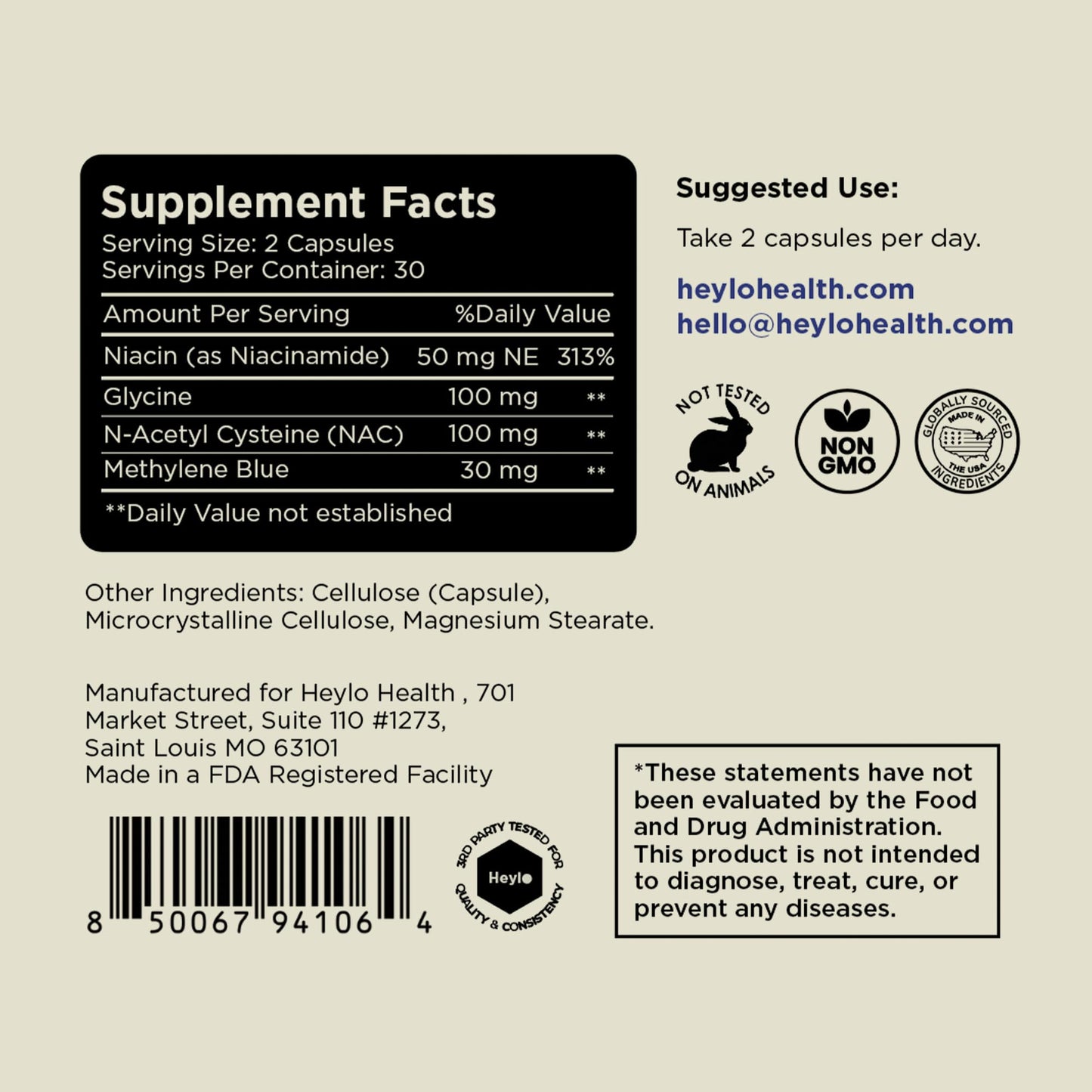 Heylo Methylene Blue Capsules - Pharmaceutical USP Grade Quality | Third Party Tested | Boosts Memory, Focus, Clarity, Energy | Supports Cellular & Mitochondrial Function, Made in USA, 30mg