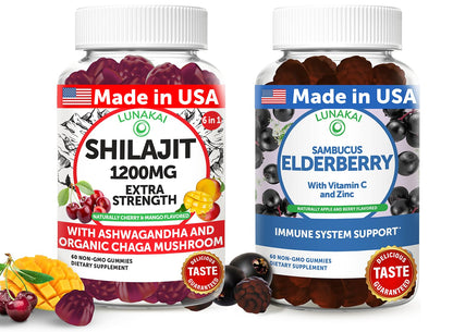 Lunakai USA Made Shilajit & Elderberry Gummies Bundle – Energy and Immune Support – Non-GMO & Delicious