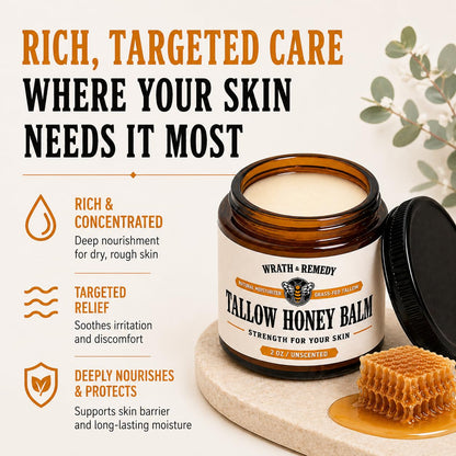 Organic Beef Tallow for Skin - 2OZ (Unscented, Concentrated) — US-Made Grass Fed Tallow and Honey Balm Moisturizer for Face, Hands & Body — Intensive Care for Dry Sensitive Skin, Eczema (No Additives)