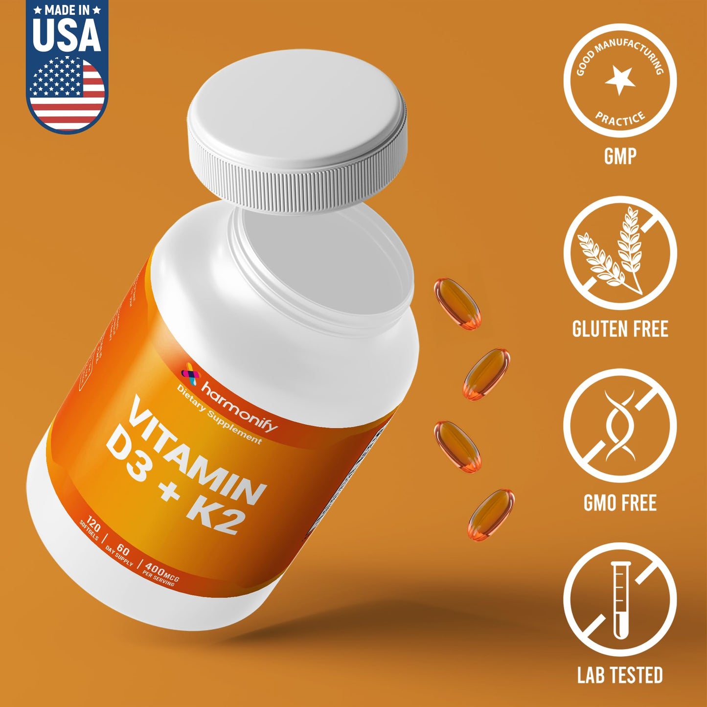 HARMONIFY Vitamin D3 K2 400 mcg120 Softgels, Immune Support, Non-GMO Supplement, Proudly USA Company