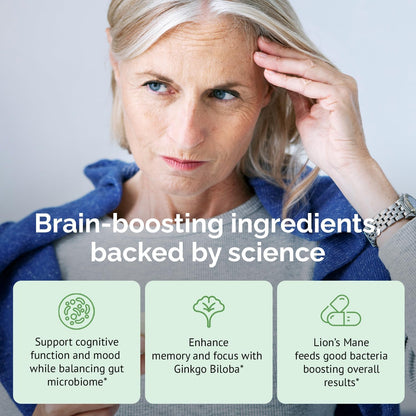 Brain Supplement for Memory, Brain Fog, Focus, Mood & Concentration & Cognitive Function - Lion’s Mane Supercharged with Ginkgo Biloba & Two Probiotic Strains (60 Count - 1 Month Supply)