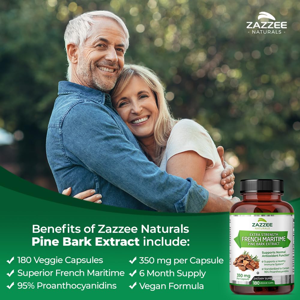 Zazzee Extra Strength French Maritime Pine Bark 20:1 Extract, 350 mg Per Capsule, 180 Vegan Capsules, 95% Proanthocyanidins, Kosher, 6 Month Supply, Standardized 20X Extract, Non-GMO, Made in The USA