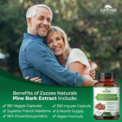 Zazzee Extra Strength French Maritime Pine Bark 20:1 Extract, 350 mg Per Capsule, 180 Vegan Capsules, 95% Proanthocyanidins, Kosher, 6 Month Supply, Standardized 20X Extract, Non-GMO, Made in The USA