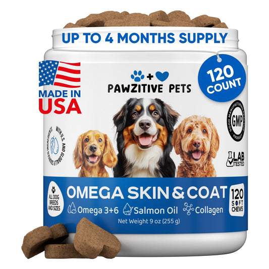 Omega 3 Fish Oil for Dogs Chews - Dog Skin & Coat Supplement for Itch Relief, Hot Spot Treatment - USA Product - Salmon Oil for Dogs Itching Skin Relief, Shedding, Hip & Joint Health - 120 Soft Treats