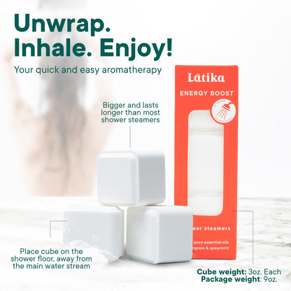 Latika Energy Boost Shower Steamer - Aromatherapy Tablets with Lemongrass & Spearmint Essential Oils for Stress & Anxiety Relief, Uplifting Energy - Long-Lasting Scent Steamers for Women and Men