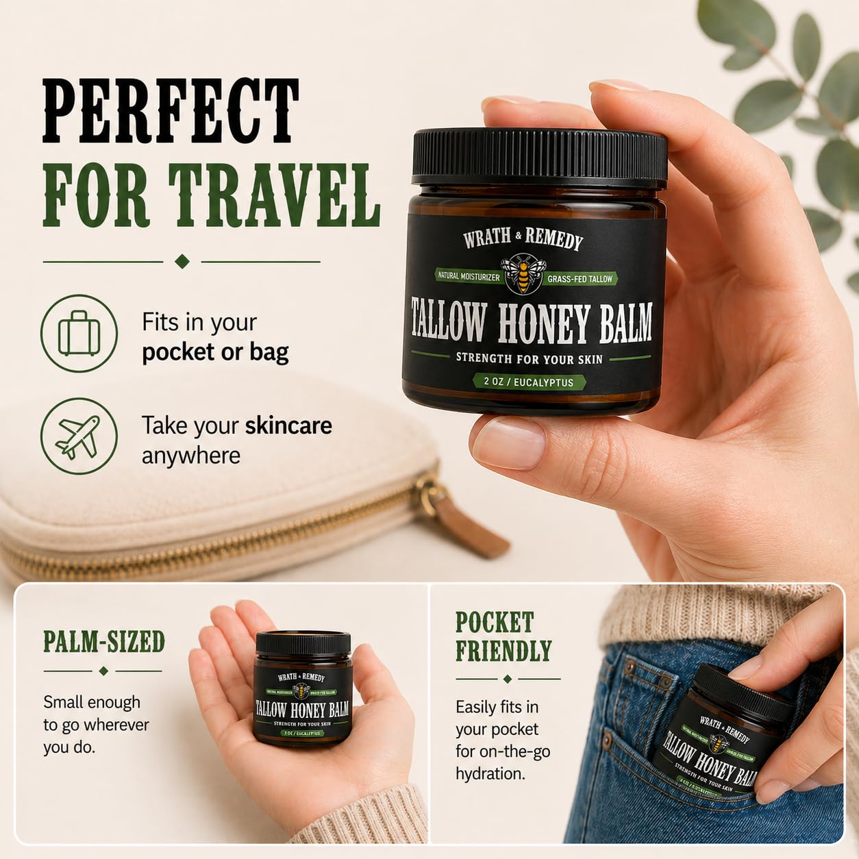 Organic Beef Tallow for Skin - 2OZ (Eucalyptus, Concentrated) — US-Made Grass Fed Tallow and Honey Balm Moisturizer for Face, Hands & Body — Intensive Care for Dry Sensitive Skin, Eczema(No Additives)