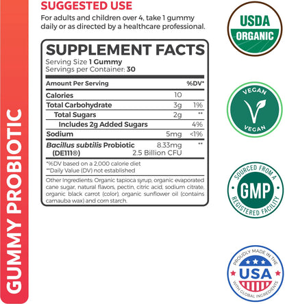 USDA Organic Probiotics for Kids (Non-GMO) Strawberry Flavor Kids Probiotic Gummies for Digestion & Immune Support - 2.5 Billion CFU of DE111 Spore Forming Strain for Maximum Survivability - 30 Gummys