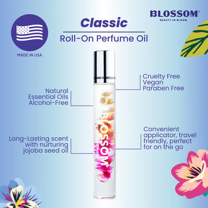 Blossom Roll on Perfume for Women Alcohol Free Rollerball Perfume Oil with Essential Oils, Infused with Real Flowers, Made in USA, 0.20oz (Peach, Jasmine, Rose, Gardenia, Sandalwood), Island Hibiscus