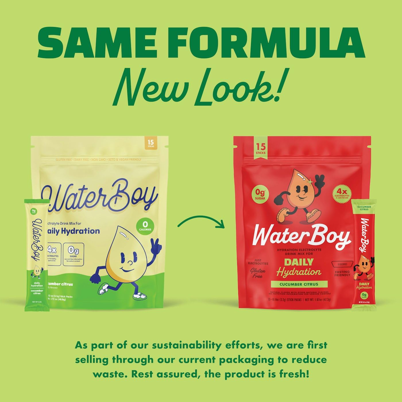 Waterboy Daily Hydration | 1,570mg Electrolyte Powder Packets | No Sugar, All Natural, Gluten Free, Zero Calories | 15 Drink Stick Mixes (Cucumber Citrus)
