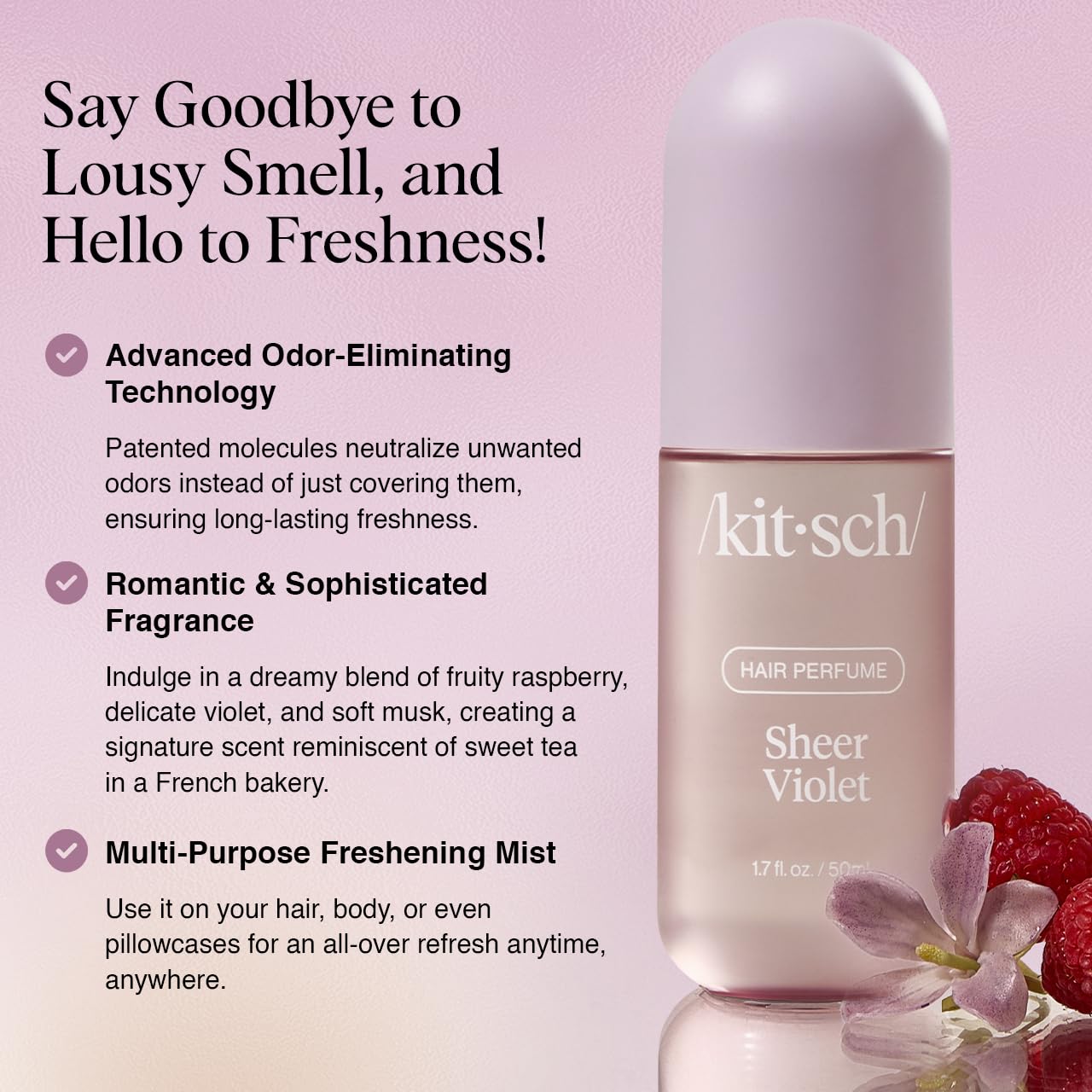 Kitsch Sheer Violet Hair Perfume for Women - Hair Spray & Body Mist - Clean, Deodorizing & Patented Odor-Eliminating Technology - Freshen Hair, Body & Pillows - Raspberry, Soft Musk Scent - 50ml