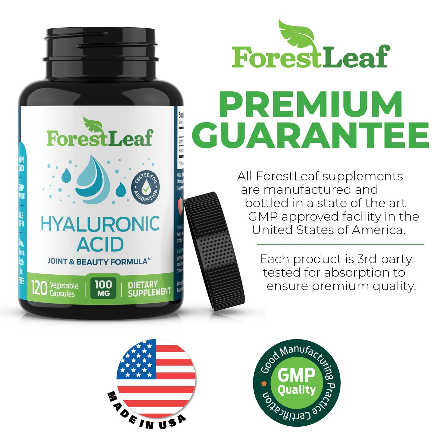 ForestLeaf Hyaluronic Acid Supplements | 100mg High Bioavailable Dietary Hyaluronic Acid Powder Capsules + 50mg VIT C | Supports Skin Hydration, Joint Lubrication, Anti-Aging, Hair & Nails | 120 Caps