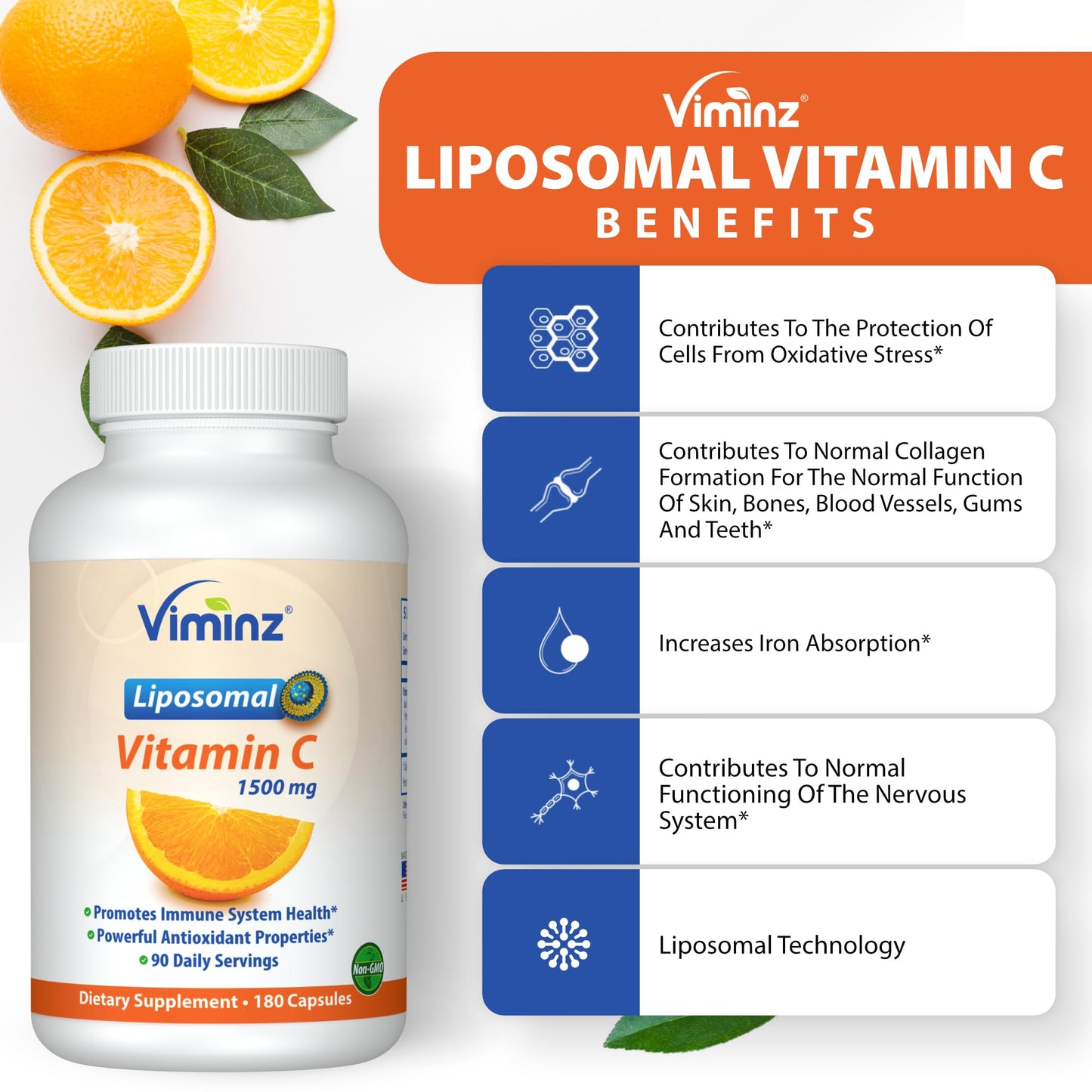 Viminz Liposomal Vitamin C | 1500 mg Per Serving | Collagen & Immune System Booster | Made in USA | 180 Capsules