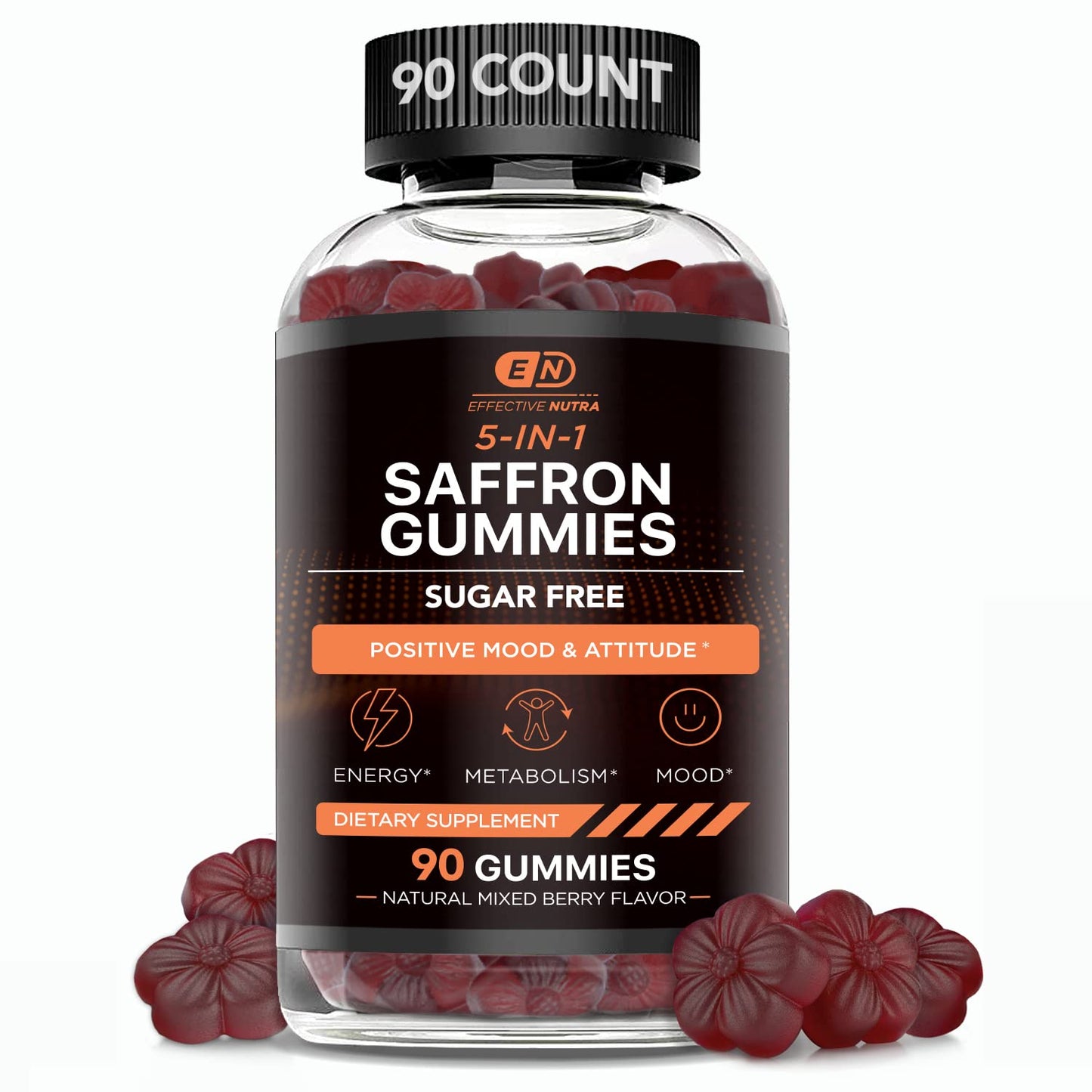 EFFECTIVE NUTRA Saffron Gummies | Sugar-Free Supplement with Vitamin D2, Passion Flower, St. John’s Wort & GABA | Positive Mood, Digestion, Energy | Natural Berry Flavor, Made in USA (90 Count)