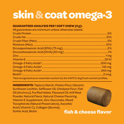 Skin and Coat Supplement for Dogs | Nourishing Omega 3 for Dogs with EPA DHA Krill Oil and Vitamin E | Dog Skin and Coat Supplement | 1 Chew up to 75lbs | NASC Certified & Made in The USA | 60 Chews