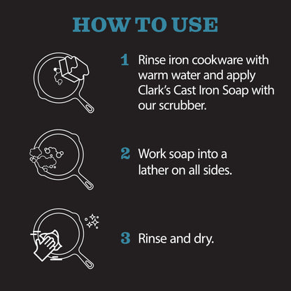 CLARK'S Cast Iron Cleaner 12 oz, Made in USA, Plant Based Coconut Cast Iron Soap for Skillets, Griddles Etc. - Protects, and Restores Cookware