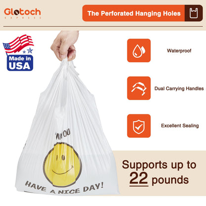 Glotoch 1000 Count - Plastic Thank You T-shirt Bags Smile Face White, 11.5 x 6.5"x 21" Grocery Bags with Handles for Restaurant, Retail, Grocery Store, Takeout, Convenience Stores, Shopping Bag in Bulk