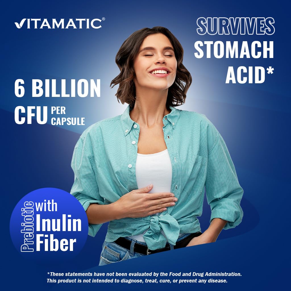Vitamatic Bifidobacterium Longum 6 Billion CFU per DR Capsule - 60 Count - Promotes Intestinal Health - Made with Prebiotic Inulin Fiber
