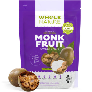 Whole Nature Monk Fruit Sugar Sweetener 1:1 Baking Sugar Substitute Made in the USA – Granulated Blend With Erythritol – Zero Calorie – Keto – Paleo – Non-GMO – Kosher - Natural Alternative – 1lb Pouch