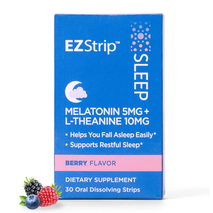 EZStrip Sleep Aid Supplement - Berry Flavor, 30 Count - Dissolving Sleep Strips with Melatonin and L Theanine for Support with Falling Asleep - Made in The USA, Sugar and Gluten-Free