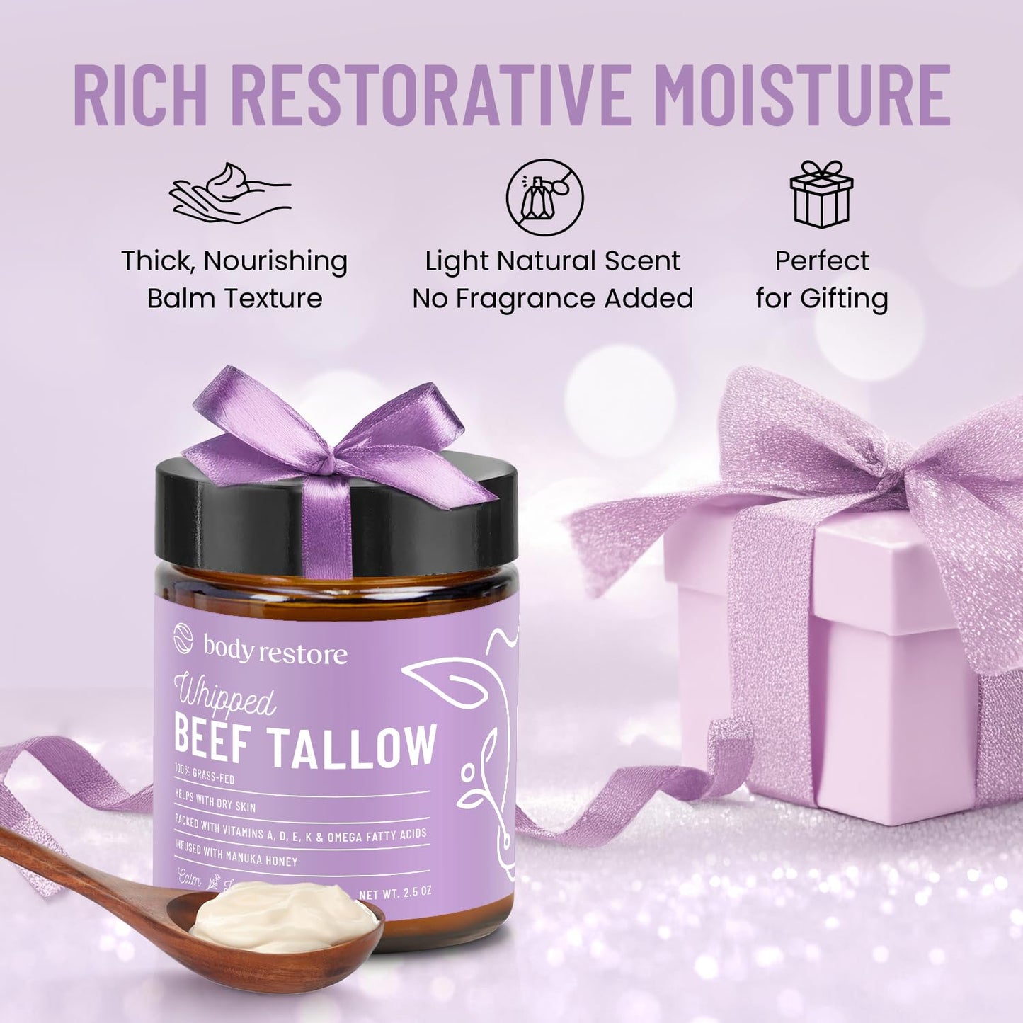 Body Restore Grass Fed Whipped Beef Tallow for Skin, Face, Body, Dry Skin - with Manuka Honey, Jojoba Oil, Birthday Gifts for Women, Men, Travel Essentials, Self Care - Lavender