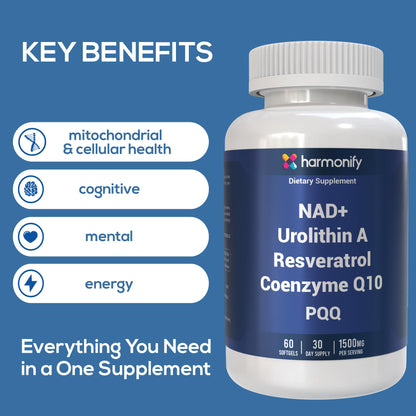 HARMONIFY Urolithin A NAD+ Resveratrol CoQ10 PQQ Blend Supplement, Liposomal NAD, Extra Strength 1500 mg, 60 Softgels