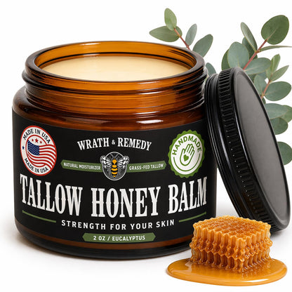Organic Beef Tallow for Skin - 2OZ (Eucalyptus, Concentrated) — US-Made Grass Fed Tallow and Honey Balm Moisturizer for Face, Hands & Body — Intensive Care for Dry Sensitive Skin, Eczema(No Additives)