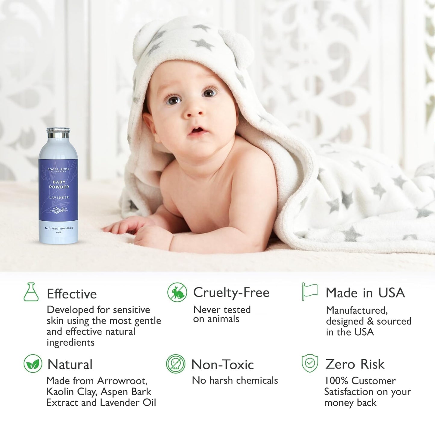 SoCal Suds & Company - Natural Baby Powder Talc-Free - Newborn Essentials with Arrowroot Powder, Kaolin, Aspen Bark Extract for Soft Soothing Protected Skin - Gentle Absorption - Lavender, 4oz