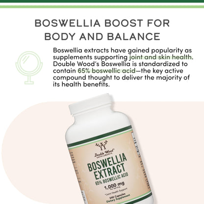 Boswellia Serrata - 240 Capsules (Max Strength 1,000mg of 65% Boswellic Acid Extract) Boswellia Extract Capsules (Joint Support Supplement for Joint Health) Third Party Tested by Double Wood