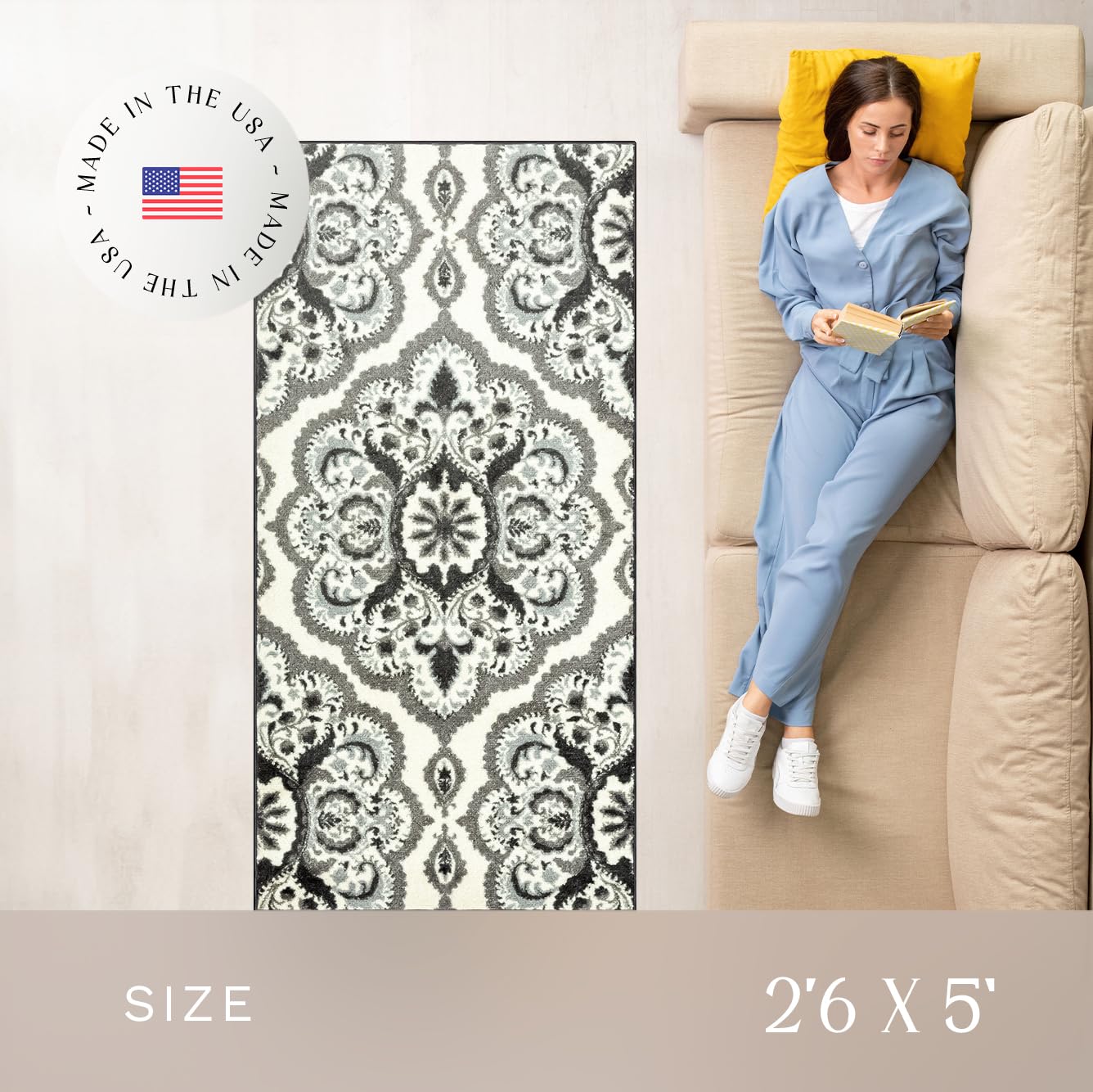 Maples Rugs Vivian Medallion Runner Rug - Made in USA - Washable, Non Slip, Indoor Carpet for Hallway, Kitchen, and Laundry Room, 2'6 x 5', Grey