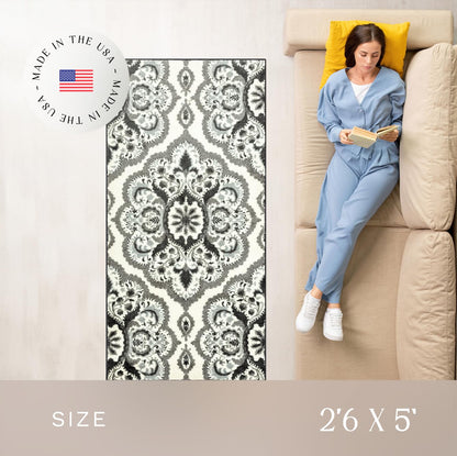 Maples Rugs Vivian Medallion Runner Rug - Made in USA - Washable, Non Slip, Indoor Carpet for Hallway, Kitchen, and Laundry Room, 2'6 x 5', Grey
