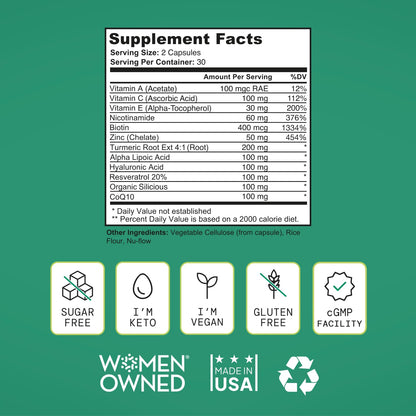 SELF NUTRITION Healthy Aging Supplement for Women - Resveratrol, NAD, Collagen Booster, Biotin, Hyaluronic Acid & More. Cellular Health, Beauty, Longevity - USA, Vegan, 60 Capsules.