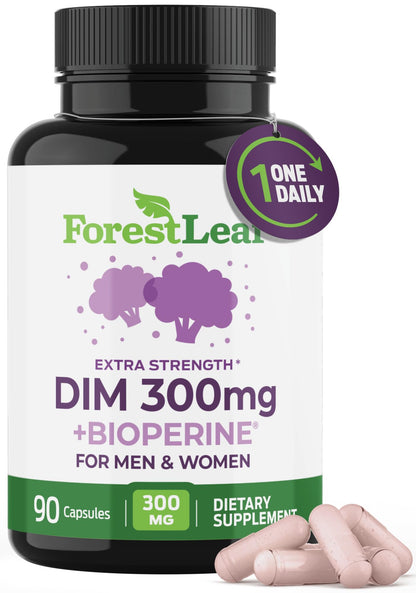 ForestLeaf DIM Supplement - 300mg DIM Estrogen Supplement for Women/Men - Diindolylmethane with BioPerine Black Pepper - Support for Detox, Metabolism, Hormone Balance & Menopause - 90 Caps