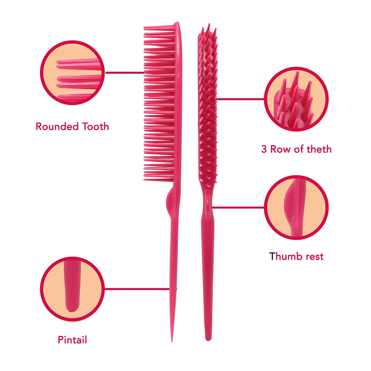 Allegro Combs 60 Parting Three Row Combs Salon Hairstylist Hairdresser Detangle Combs For Natural Hair And Wigs For Curly Hair Made In The Usa 2 Pcs. (Pink)