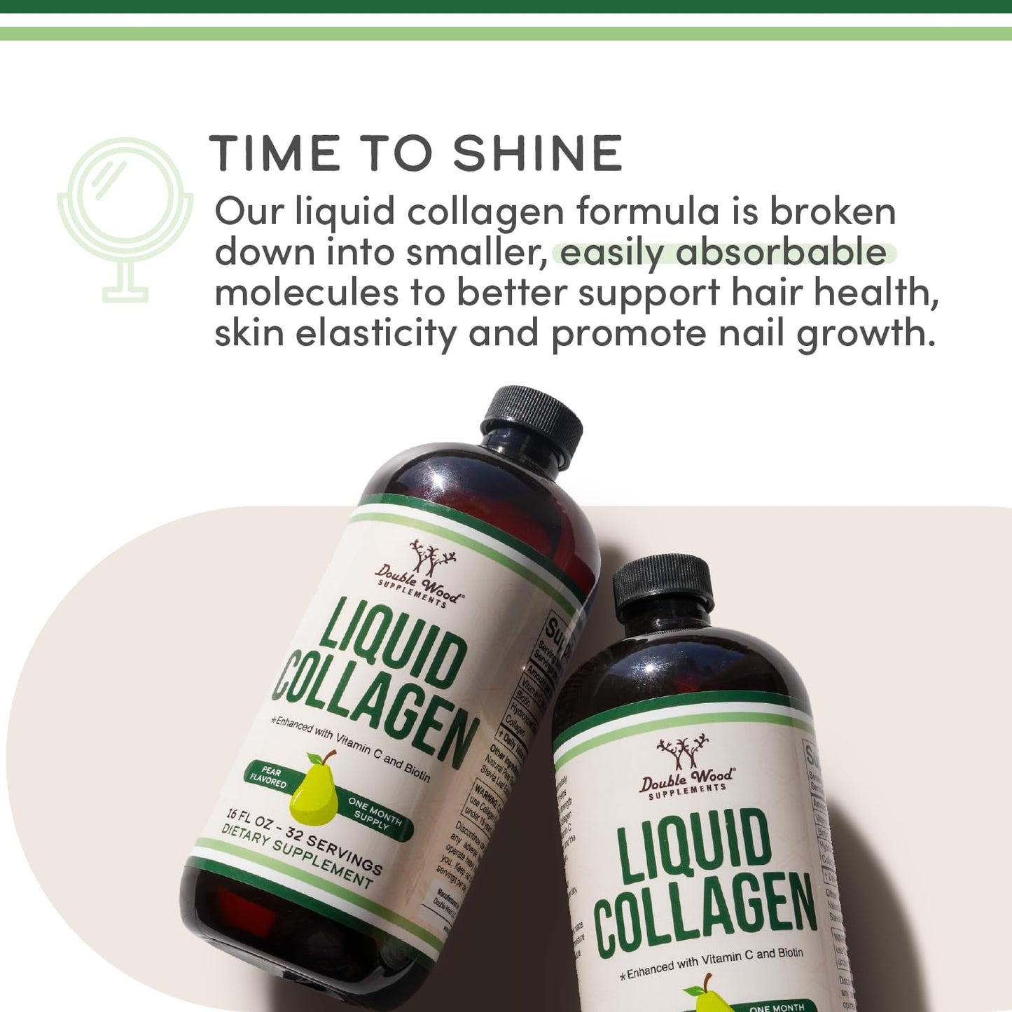 Double Wood Supplements Liquid Collagen - 2500mg of Hydrolyzed Bovine Collagen (Type 1, 3 and Grassfed) - 32 Servings - for Women and Men - 30 mcg of Biotin - Sugar Free Pear Flavor