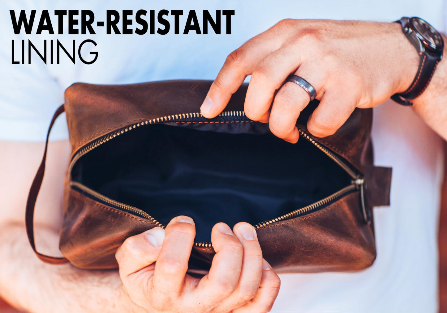 Mens Waterproof Dopp Kit – Crafted in USA – Ideal Gift for Husband, Dad, Groomsmen, Boyfriend & Father Day – Genuine Leather Toiletry Bag Customized Name or Initials – Personalized Travel Bag for Men