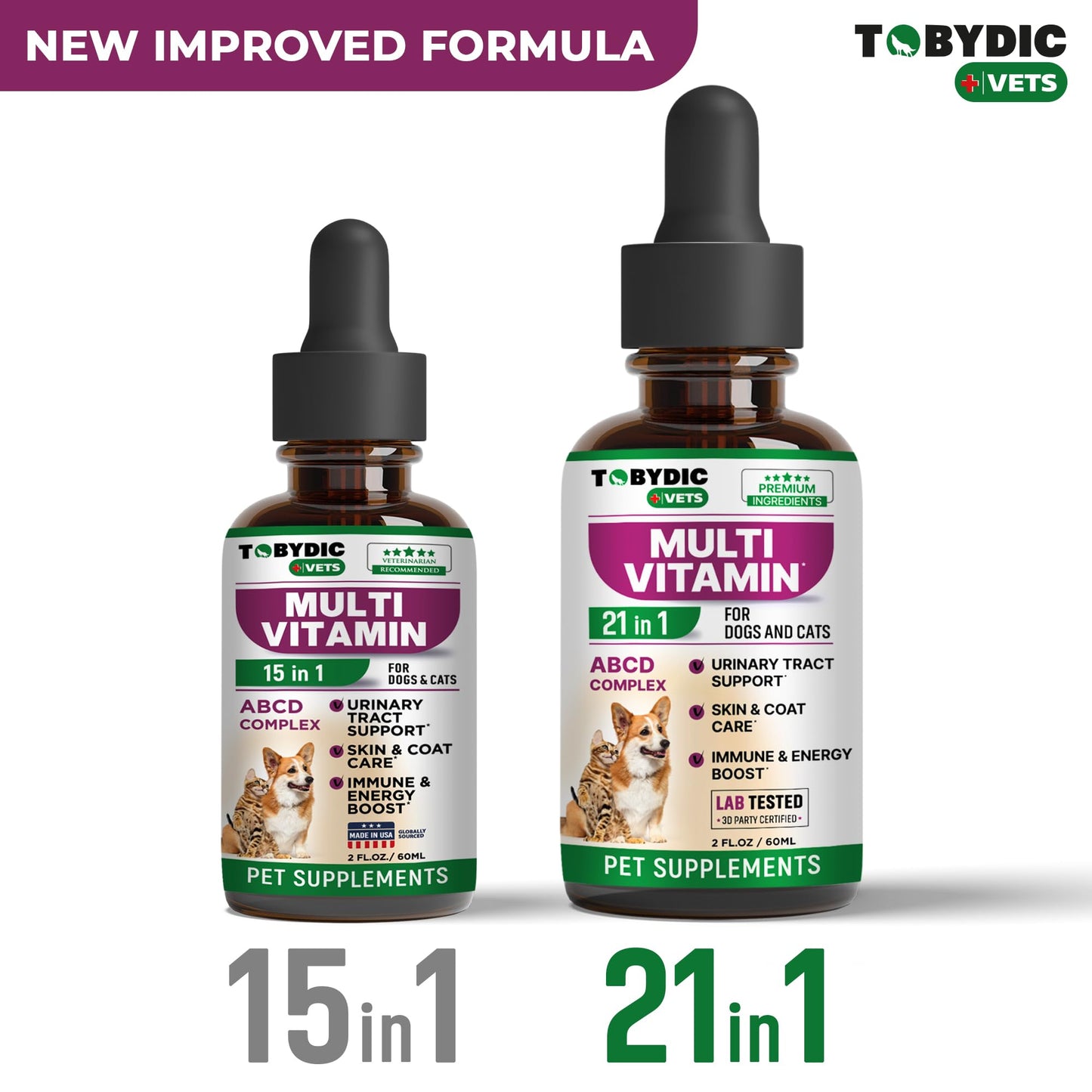 TOBYDIC Cat & Dog Multivitamin 21 in 1 Pet Supplements with Cranberry & Glucosamine - Natural Medicine & Support for UTI, Urinary Tract, Bladder, Kidney, Skin Coat, Joints Treatment Made in USA