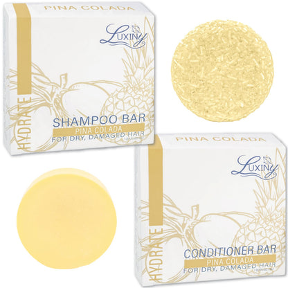Luxiny Pina Colada Shampoo and Conditioner Bar Set - Sulfate-Free Shampoo Bar (60g) & Deep Conditioner Bar (50g) for Normal to Dry Hair, Made in USA