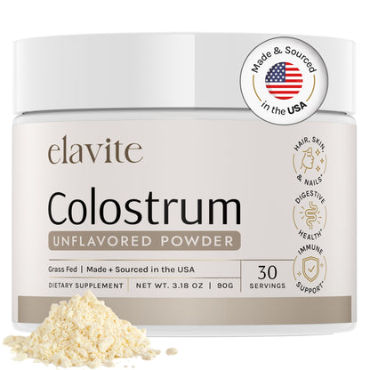Elavite Bovine Colostrum Powder (Unflavored) Grass Fed Colostrum Supplement for Gut Health, Immune Support Healthy Hair, Skin & Nails - 30 Servings