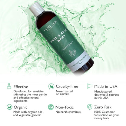 SoCal Suds & Company Hand & Body Wash Organic Shea Butter - Peppermint Scent - Liquid Soap - Daily Body Wash for Men and Women - Moisturizing Ingredients - Gentle Shower Gel - Non-Drying - 12oz