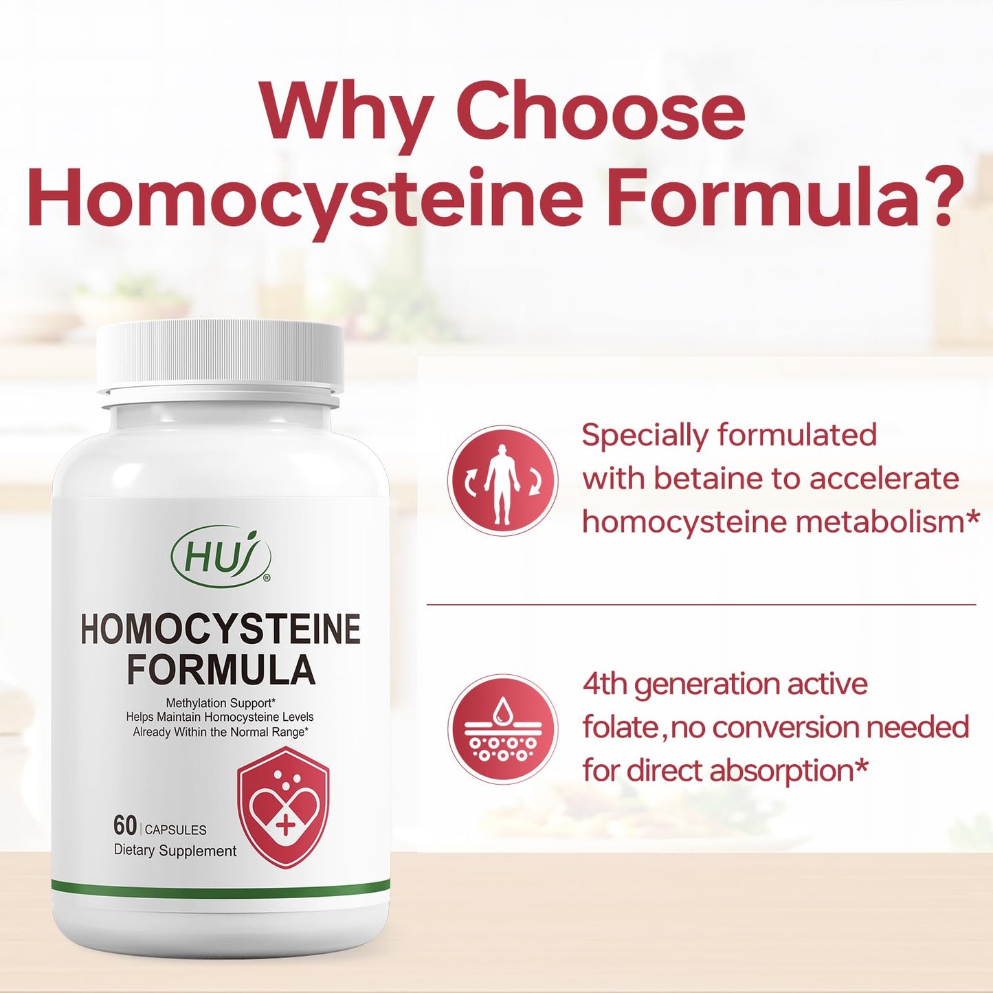 HUJ Homocysteine Formula Supplement - with B2, B12, Folate & Betaine HCl - for Homocysteine Metabolism & Methylation Support*- 60 Capsules