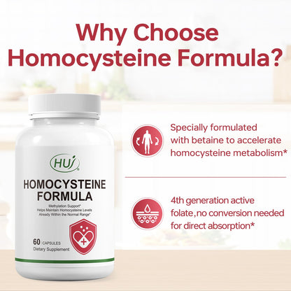HUJ Homocysteine Formula Supplement - with B2, B12, Folate & Betaine HCl - for Homocysteine Metabolism & Methylation Support*- 60 Capsules